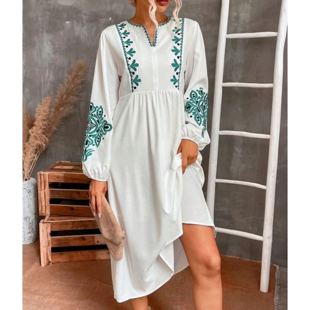 Boho Embroidered Notched Neckline Bishop Sleeves Floral Dress